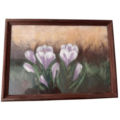 Handmade wool felted art picture crocuses wooden frame 9x12