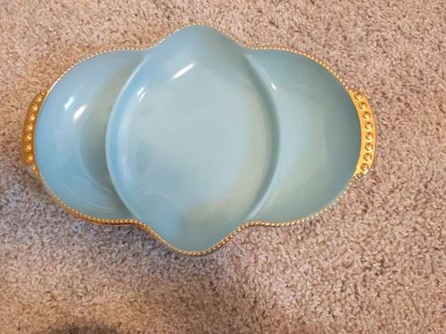 Vintage FIRE KING Delphite Blue Milk Glass Oven Ware Dish Gold Trim 11" Made in