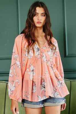 BUCKETLIST Floral Print Lurex Chiffon Babydoll Blouse Top - Final Sale