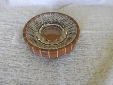 Vintage Mid Century Modern Wood Base Ashtray Hobnail Glass Insert MCM - Tobacco