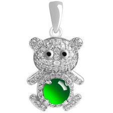 Burmese Jade Bear Pendant Natural Green Jadeite Certificate 925 Silver Necklace