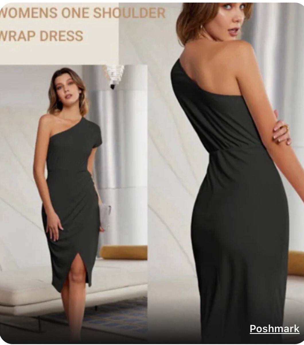 wrap front bodycon dress GRACE KARIN Womens Summer One Shoulder Slit Midi Dress, Black Black Bohemian Blouse: 70s Light blue bridesmaid dresses US Size:26 Show off your shape