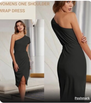 GRACE KARIN Womens Summer Bodycon Wrap Dress One Shoulder Slit Midi Dress,  Black