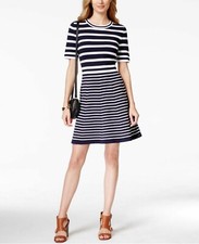 TOMMY HILFIGER Etta Women's Size L Fit & Flare Dress, Striped Navy, Half-Sleeve