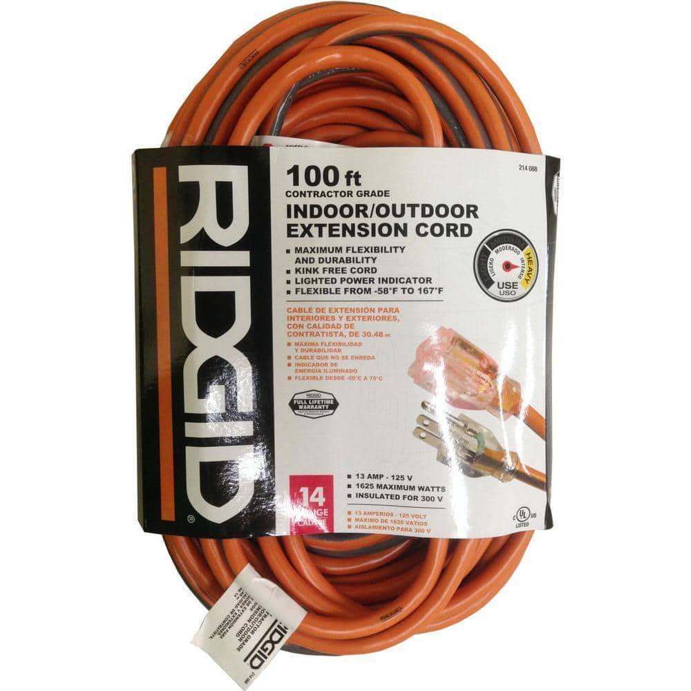 RIDGID Extension Cord 100' SJTW 14/3 Heavy-Duty, Lighted Female End, Orange-image