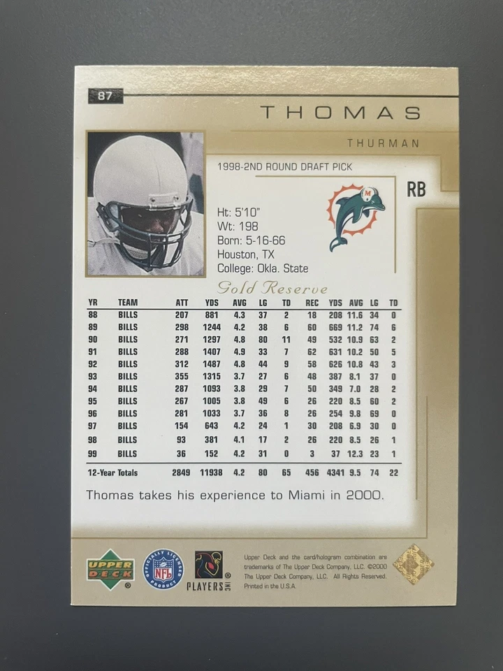2000 Upper Deck Gold Reserve Football Card #87 Thurman Thomas - Image 2 of 2