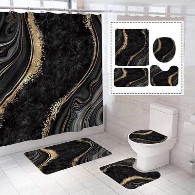 4 Pack Marble Shower Curtain Set with Toilet Lid Rug, Contour Mat and Bath Mat