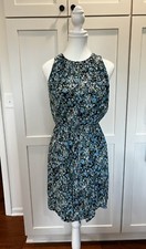 Loft Womens XS Dress Blue Floral Sleeveless Woven Tie Waist
