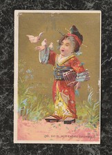 Victorian Stock Trade Card Geisha with Doves on Arm & Holding Bird Cage 4.5x3