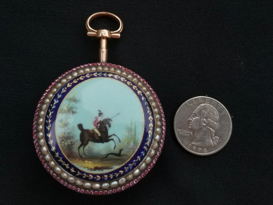 Georgian Pocket Watch 18k Gold Enamel Pearls Verge c1780s Roman Melly & Roux - Image 3 of 4