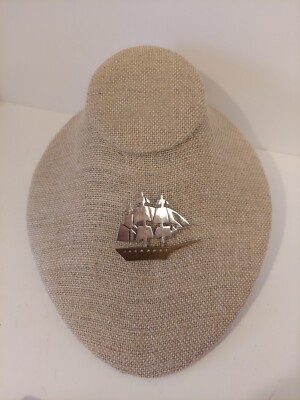 Vintage Taxco Mexico Sterling Silver 925 Sailing Ship Brooch Two Trees Marking