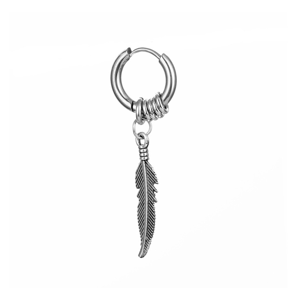 Stainless Steel Vintage Feather Cross Drop Hoop Earrings - Huggie Style For Men & Women