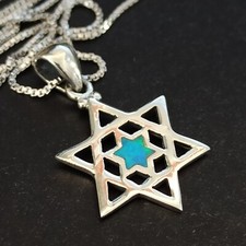 Men's Silver Star of David Necklace Italy Sterling 925 Women VTG Blue Opal Gift