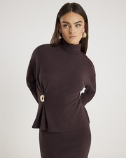 River Island Womens Top Brown Long Sleeve Cosy Gold Detail Roll Neck Blouse