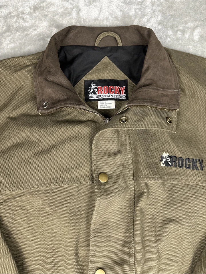 ROCKY Worksmart Chore Work Coat Jacket Mens LARGE Olive Green Leather Collar - Image 2 of 4