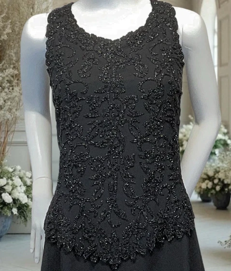 Vestido de Noche JKARA Negro Con Cuentas Embellecido Formal Vestido de Gasa - Talla 14P Foto 2 de 4