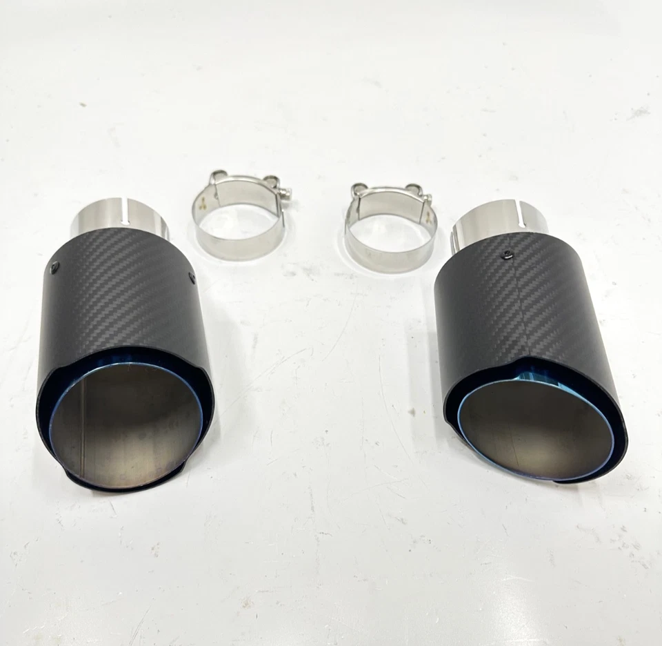 BLUE BURNED Carbon Fiber Exhaust Tip 2.5" Inlet 3.5" Outlet 6.3" Long BMW Tips - Image 4 of 4