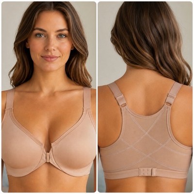 Glamorise Full Coverage Underwire Bra 36C Nude Front Close X Back Panel Support