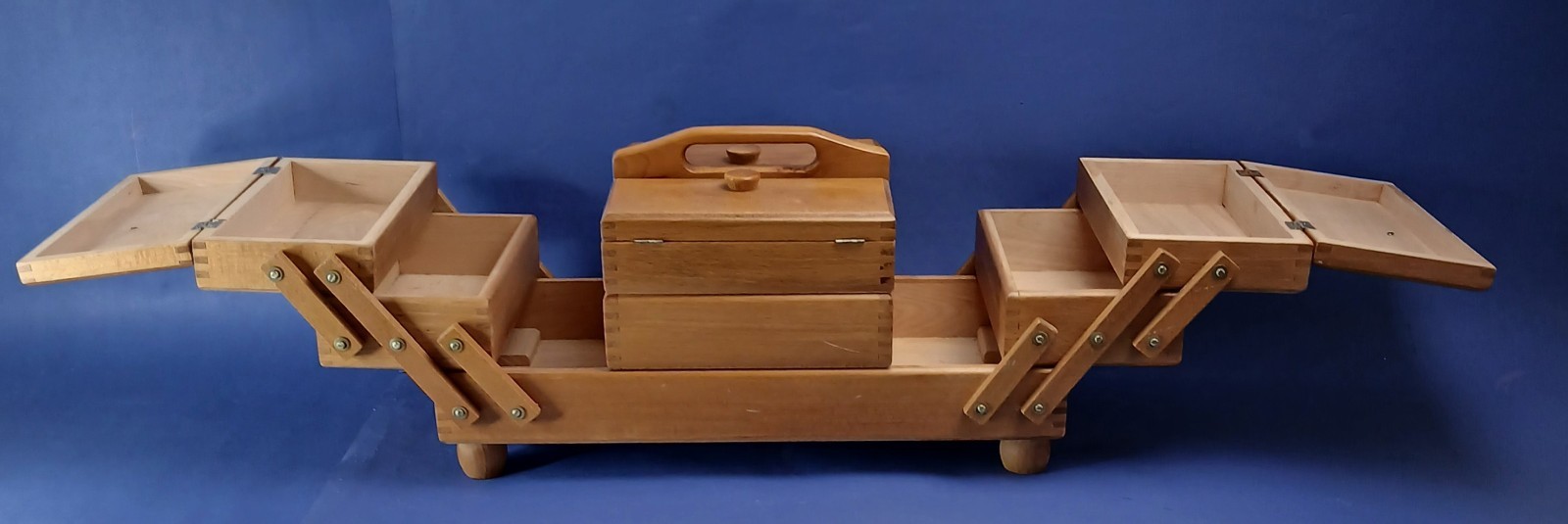 VTG Wood Accordion Sewing Box On Legs  Handle Fold Out/Romania 18.5x12x9