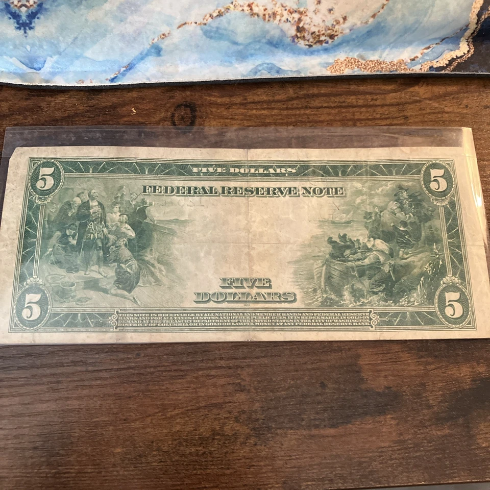 US 1914 $5 DOLLAR BILL FEDERAL RESERVE LARGE NOTE BLUE SEAL Minneapolis Bank - Image 4 of 4