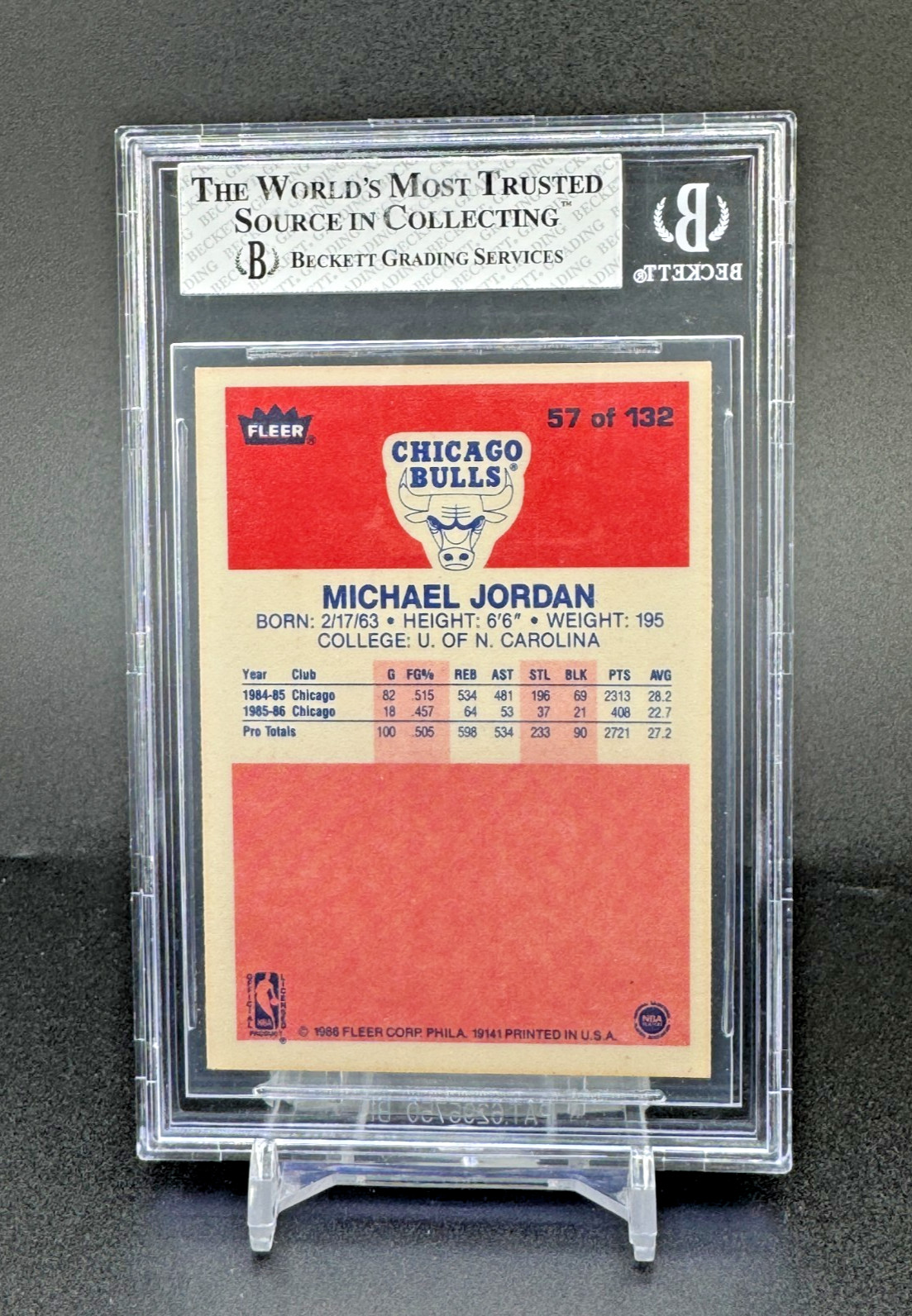 Michael Jordan 1986-87 Fleer Rookie RC #57 BGS 8 Sub Grades of 9,8,8,9 (NO 7's) view 2