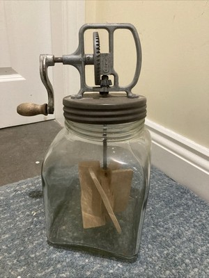 Vintage Glas Butterdose Handkurbel Gusseisen Mechanismus Küche Landhaus
