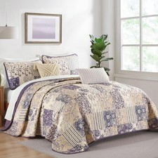 Patchwork Quilt Set Queen Size, Purple Plaid Patchwork Reversible Bedspread C...