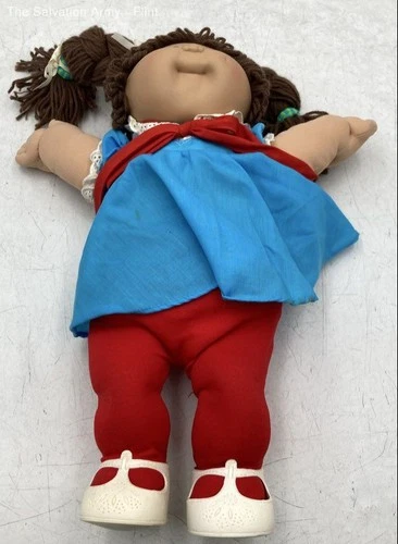 Cabbage Patch Kids Brown Eyes Brown Yarn Hair Red Blue Outfit Girl Doll