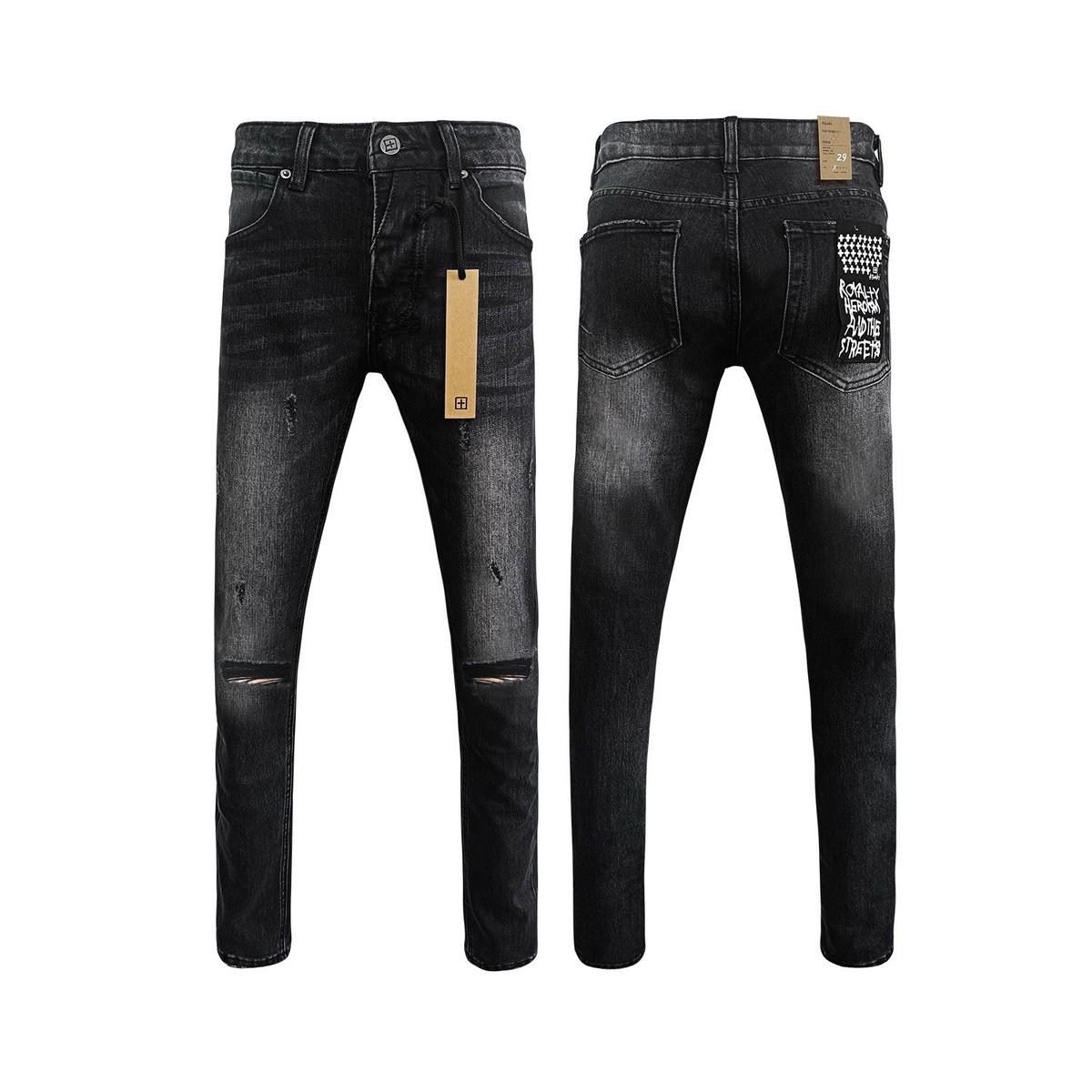 KSUBI Men's Washed black Ripped Letter Printing Pants Jeans size