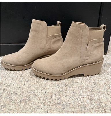 Beige Chelsea Ankle Boots Block Heel Lug Sole Pull Tab Slip Resistant Women