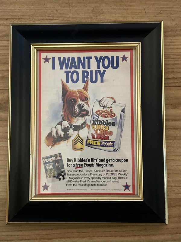 1990 Kibbles N Bits Dog Food Funny Army I Want You vtg Print Ad W/frame
