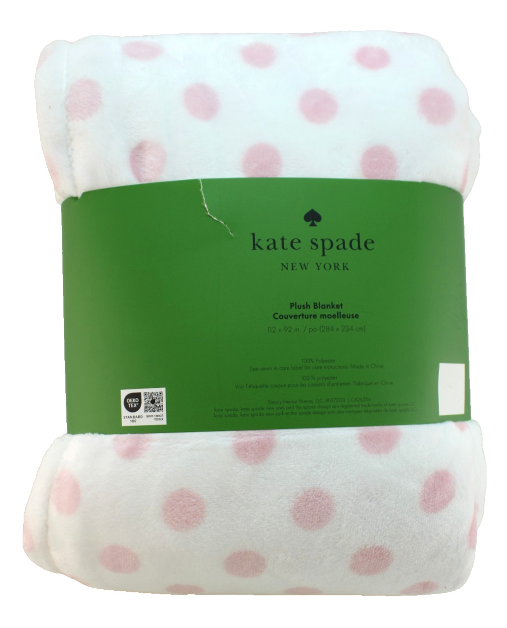 KATE SPADE King Size 112" x 92" Pink / White Polka Dot /Badge Logo Plush Blanket thumbnail 13