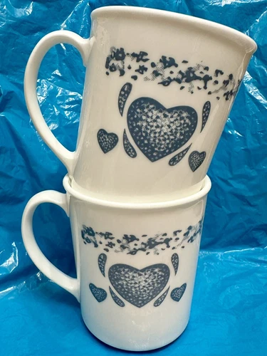 Vintage Corning Ware Corelle Blue Hearts Coffee Mugs USA (Set Of 2)