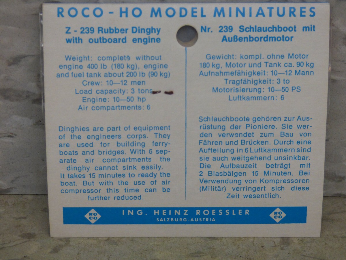 Roco Minitanks (NEW) 1/87 Z-239 WWII US Rubber Dingy