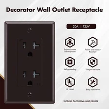 Outlet Socket, Brown,Decora Duplex Receptacle,20 A 125 Volt With Plate,UL Listed