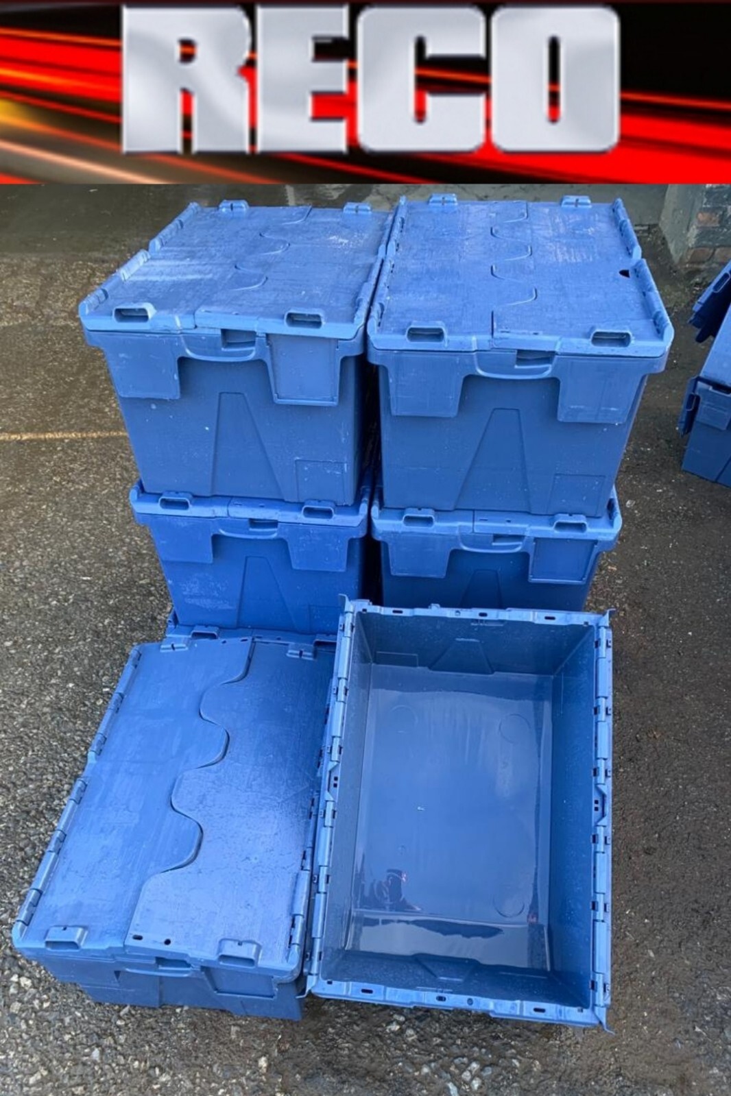 200 x LARGE USED TOTE BOX / ATTACHED LID CONTAINER / CRATE 600x400x350