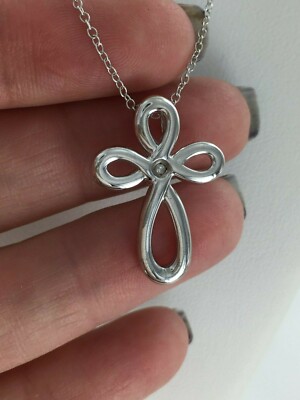 Genuine Diamond Accented Modern Open Loop Style Cross 925 Silver Pendant 18 Inch
