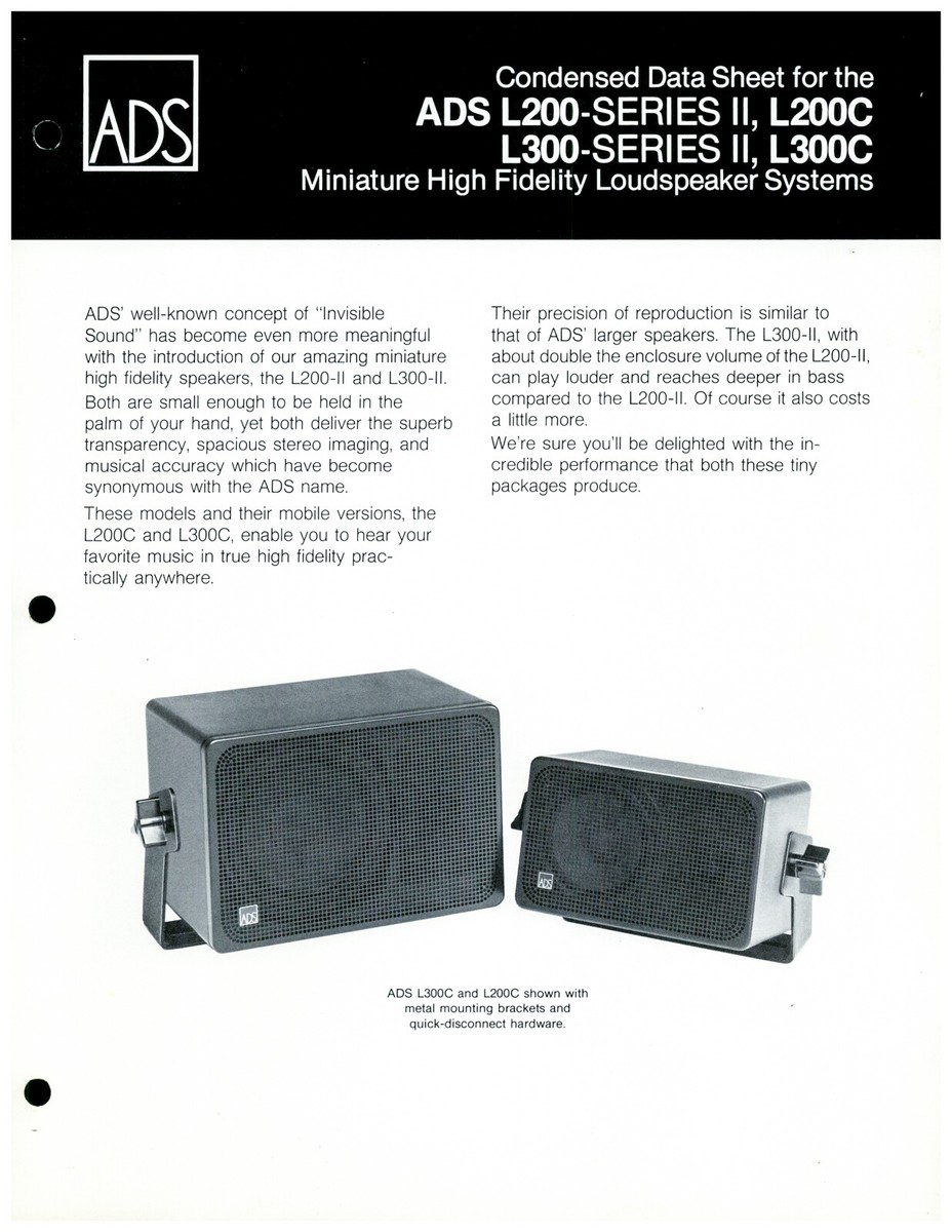 ADS L200 L300 L200C L300C Speaker Dealer Data / Spec Sheet