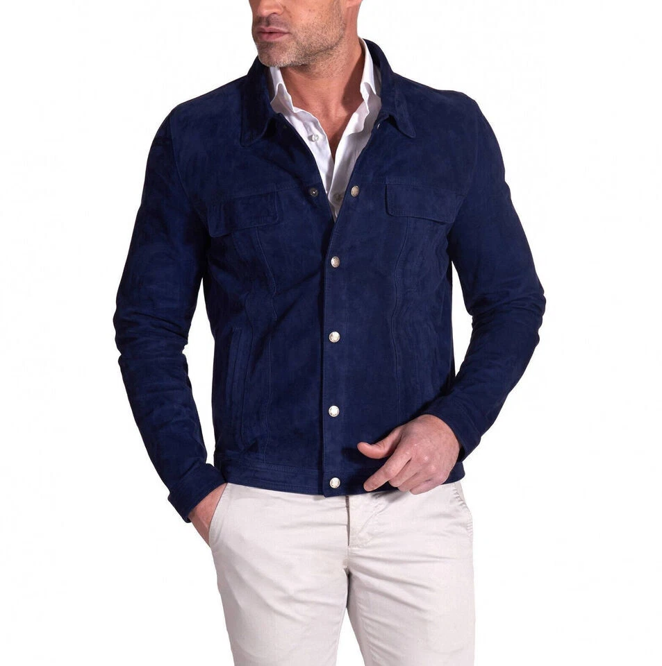 Men's Blue 100% Genuine Soft Suede Trucker Jacket Custom Made XS S M L XL 2XL3XL - Image 2 of 4