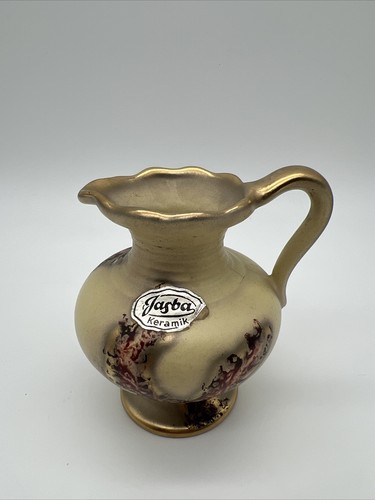Jasba Keramik German Art Pottery Fat Lava Style Bud Vase Gold Handle 4” Sticker - Picture 2 of 7