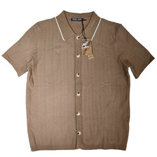 PJ PAUL JONES Brown Knit Polo Shirt Large Short Sleeve Button Up Textured