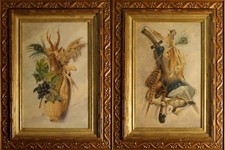NATURA MORTA TROFEI CACCIA VENATORIA UCCELLI  DUE  ACQUERELLI ORIGINALI 1900