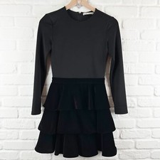 Alice + Olivia Jalen Strong-Shoulder Tiered Mini Dress Black Velvet Ruffle 0 