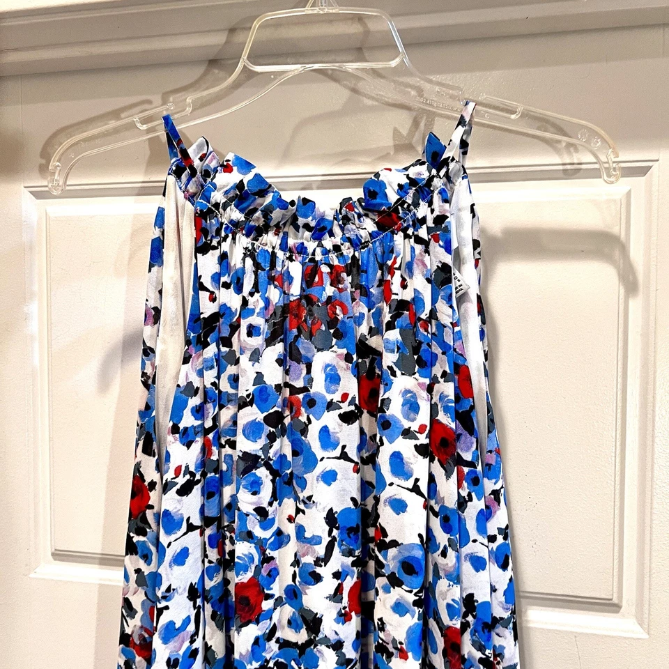 Vestido Belle Badgley Mischka Para Mujer Talla 8 Azul Blanco Rojo Volantes Corbata Cuello Forrado Foto 4 de 4