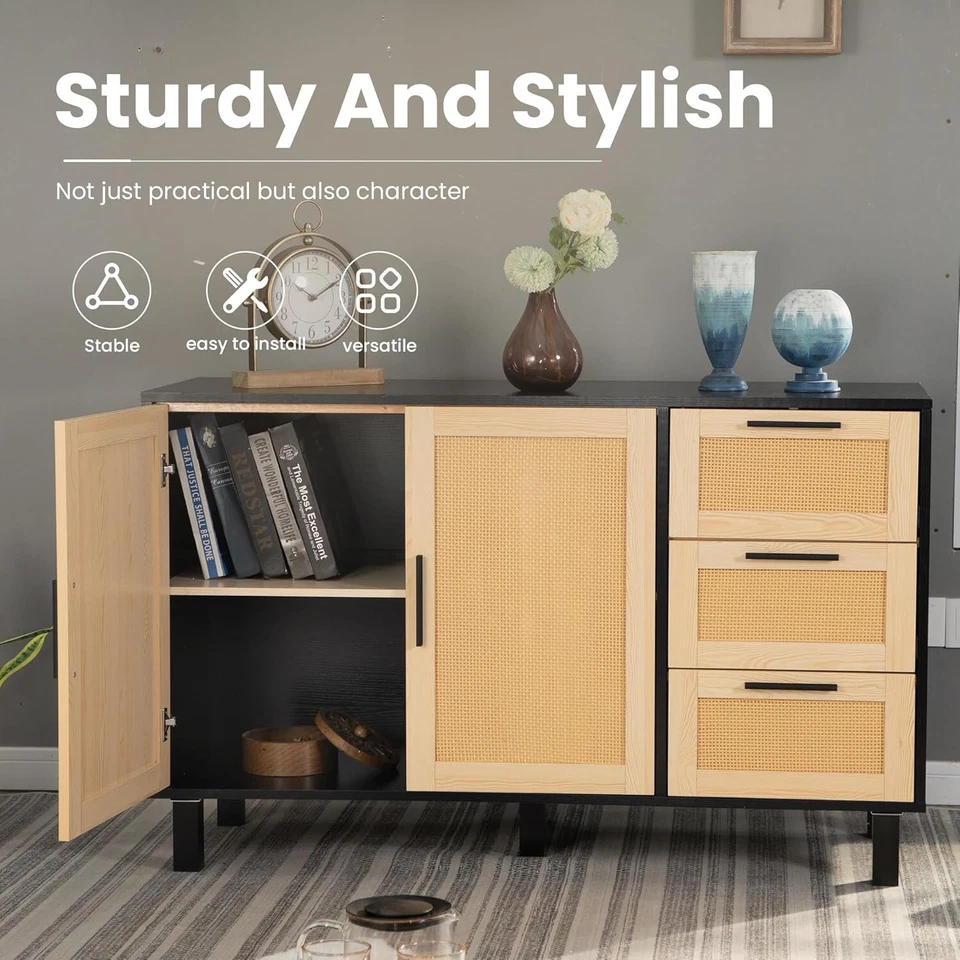 Natural Rattan Storage Cabinet Buffet Sideboard Cabinet with 3 Drawers & Doors - Image 2 of 4