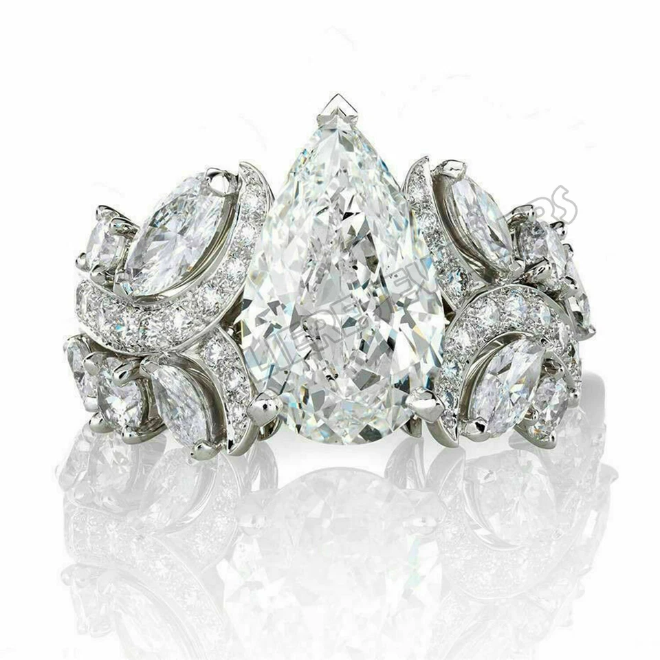 Anel de noivado folheado a ouro branco 14K vintage arte solitário corte pera 4,25 quilates - Imagem 2 de 4