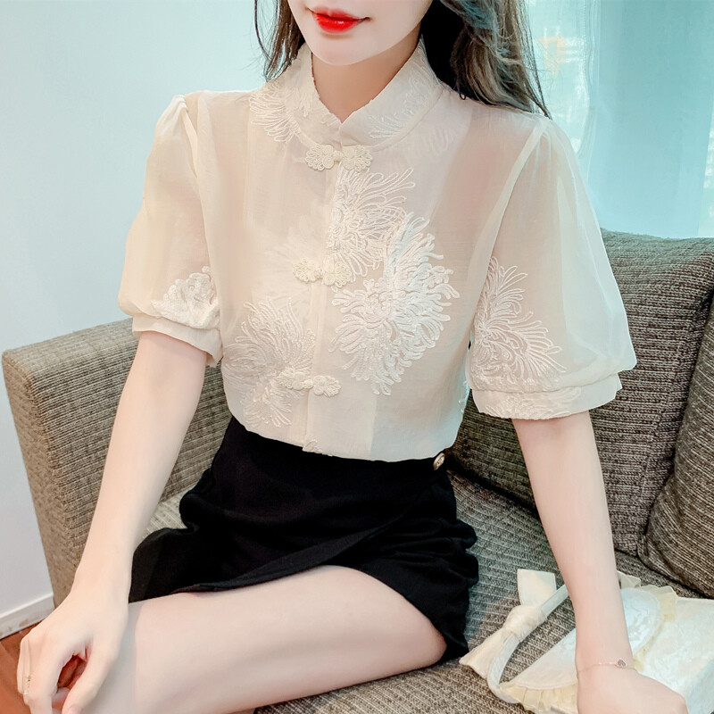 トップス mame Embroidery Silk Collar Tops Women New Chinese Style Vintage Stand Collar Embroidery