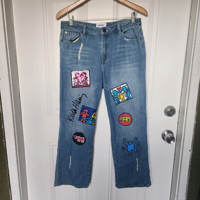 Keith Haring Alice + Olivia Patch Jeans Byron Cropped Embroidery