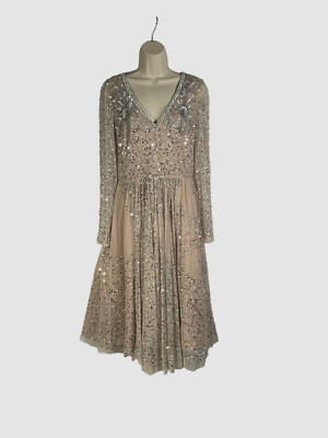 Aidan Mattox Beaded V-Neck Long Sleeve A-Line Midi Dress, Womens, 8, Champagne
