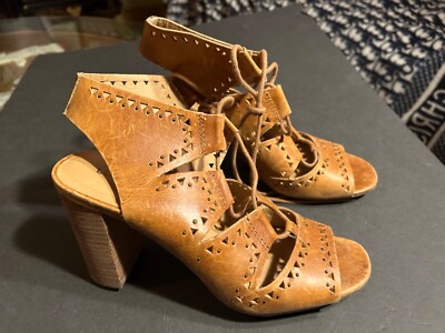 Lucky Brand Lace Up Open Peep Toe Bootie Distressed Tan